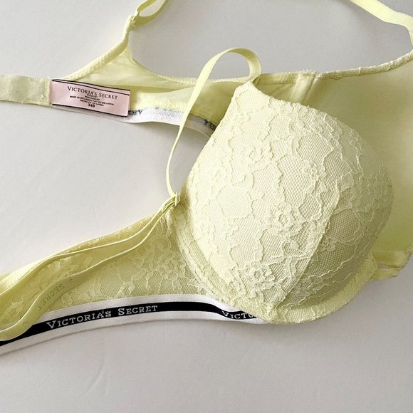 Retro Victoria's Secret Multiway Push Up Bra Neon Yellow Lace Logo Strap 34B - Picture 6 of 6